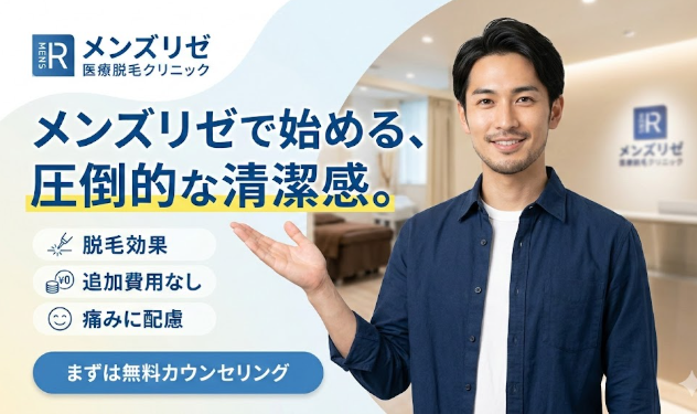 メンズリゼの医療脱毛で手に入れる清潔感をイメージしたアイキャッチ画像。笑顔の男性と、効果・追加費用なし・通いやすさの3つのポイント、そして無料カウンセリングへの誘導が描かれています。