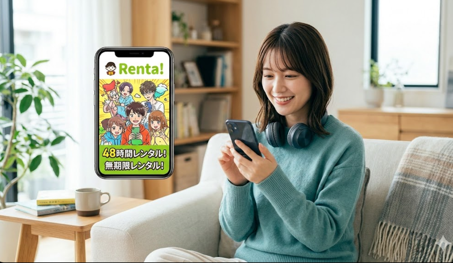明るい室内でスマートフォンを見ながら笑顔を浮かべる女性。スマートフォンの画面は拡大され、「Renta!」のロゴと、複数のマンガキャラクターのイラスト、「48時間レンタル！」「無期限レンタル！」という文字が表示されている。